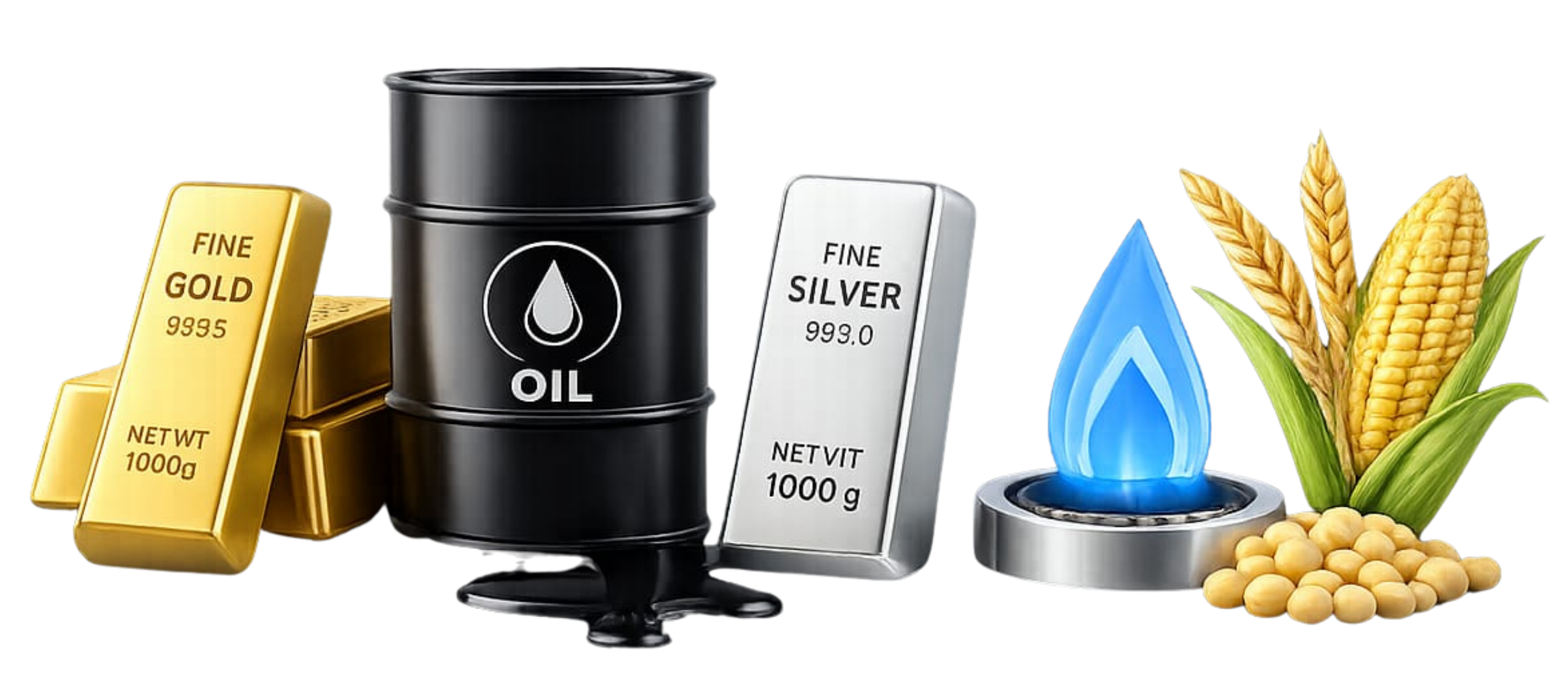 Gold bars, crude oil, silver, natural gas, and agricultural commodities