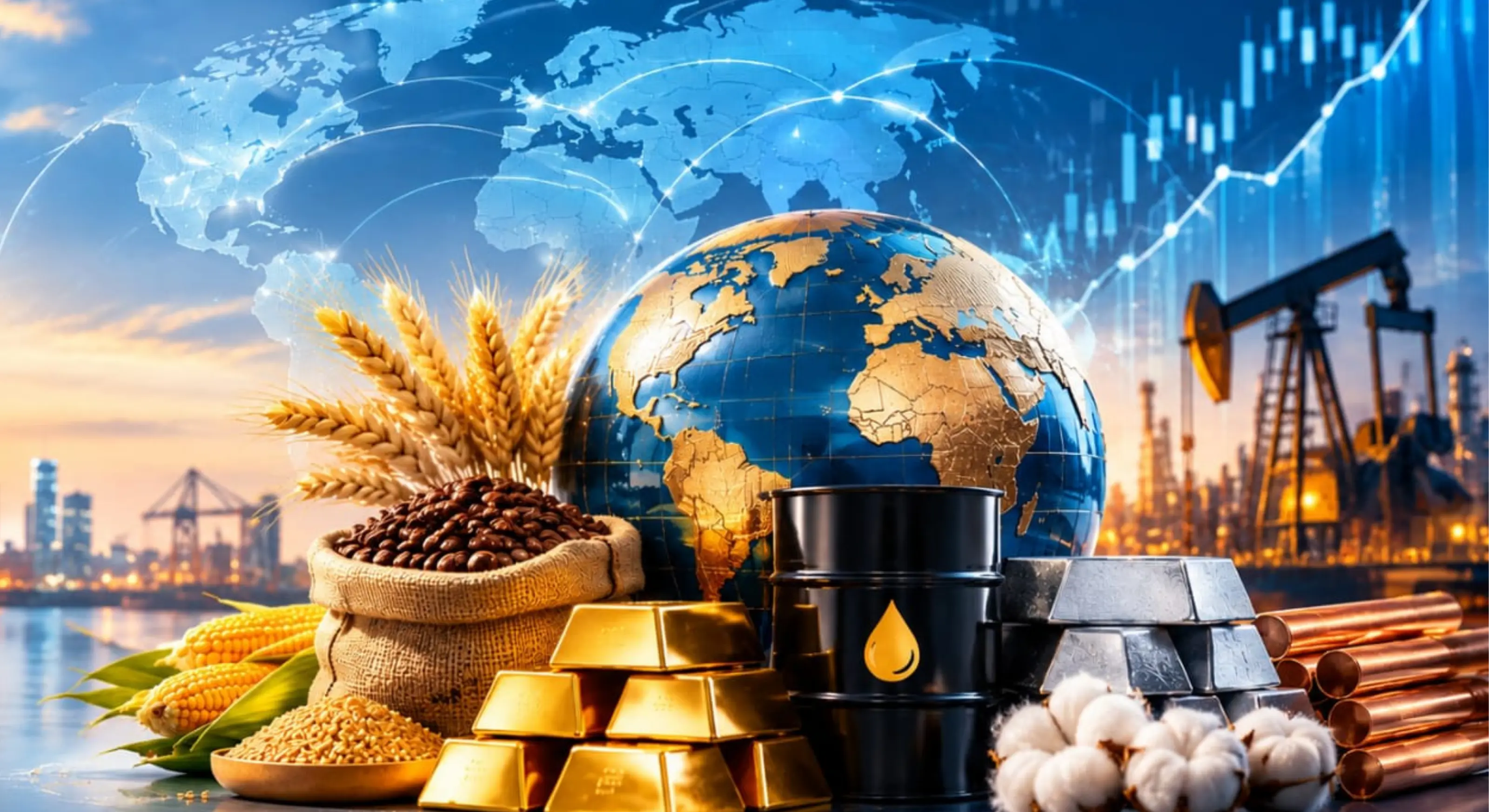 Gold bars, crude oil, silver, natural gas, and agricultural commodities