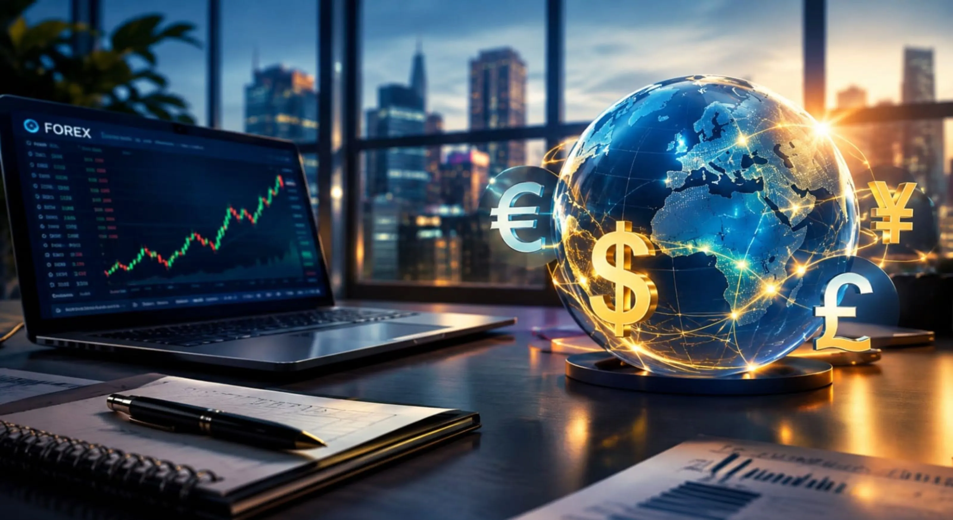 Global forex markets with currency symbols, gold, silver, and oil