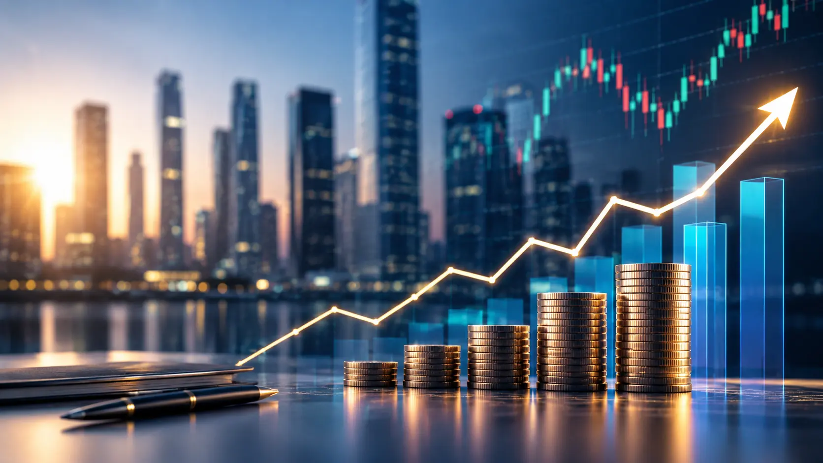3D bar chart with upward trend arrow representing global indices market growth