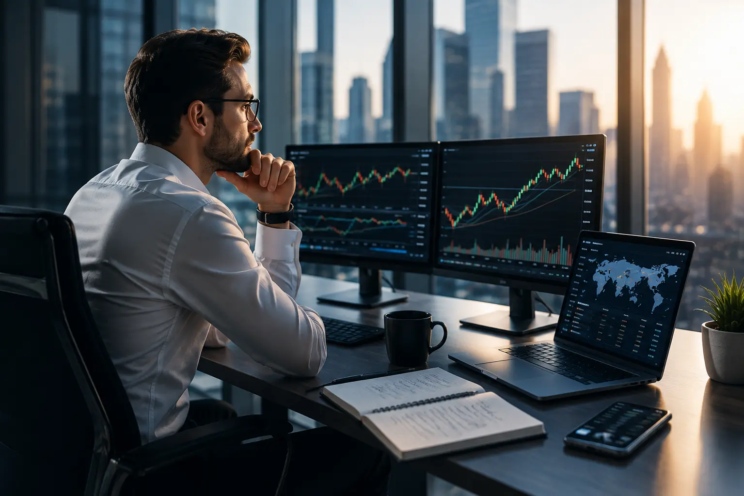 Trader at a multi-screen desk