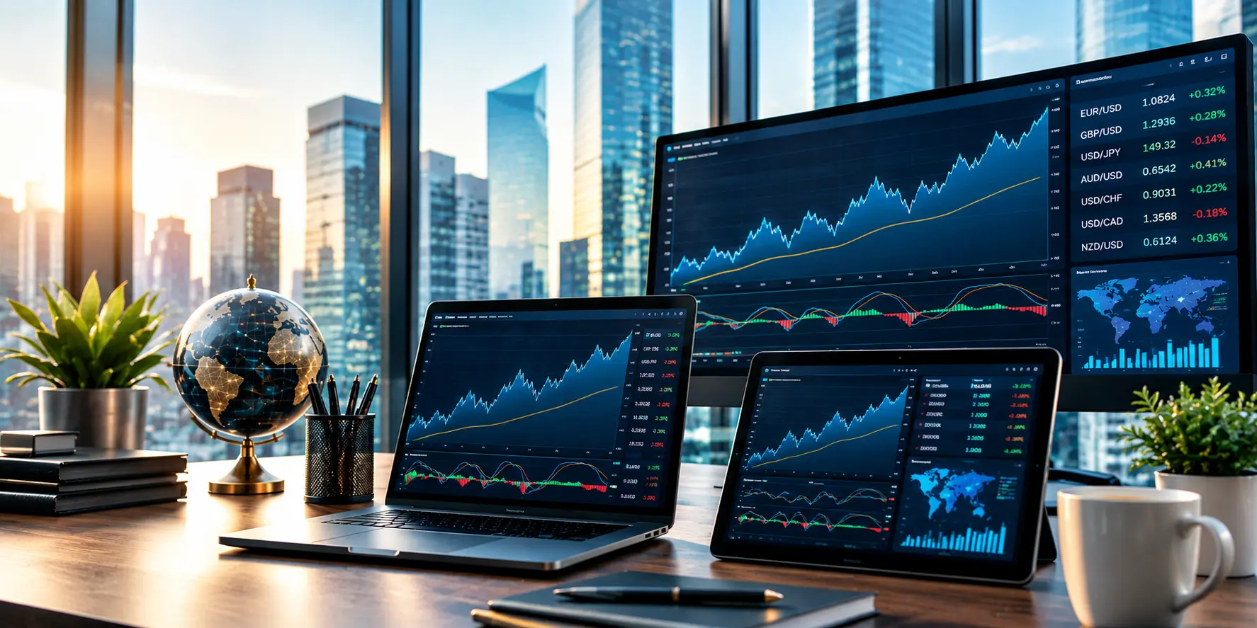 Global stock markets with growth charts and financial analytics